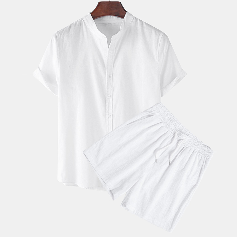 Hemd und Shorts aus strukturierter Baumwolle mit Stehkragen für Herren