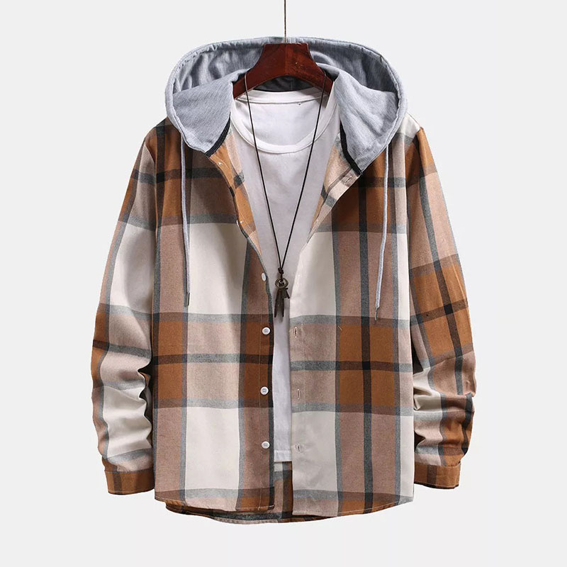 Button Up Contrast Hoodie Plaid Shirt