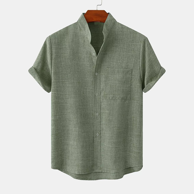 Man Stand Collar Shirt Whit Pocket