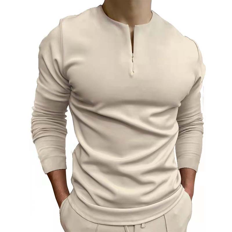 Men's Casual Solid Color Zip Polo Shirt