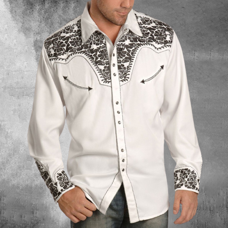 Men's Washed Embroidered Retro Long Sleeve Western Shirt