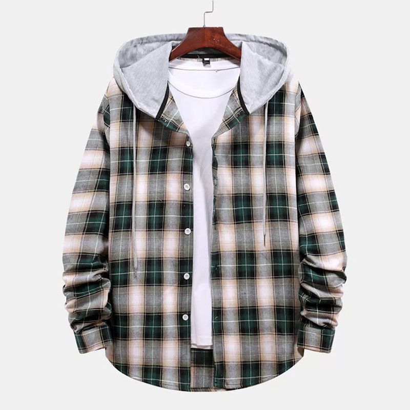 Patchwork Hooded Plaid Shirts with Drawstring