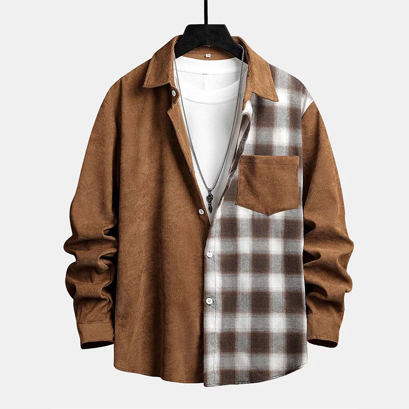 Corduroy Plaid Patchwork Shirt With Pocket