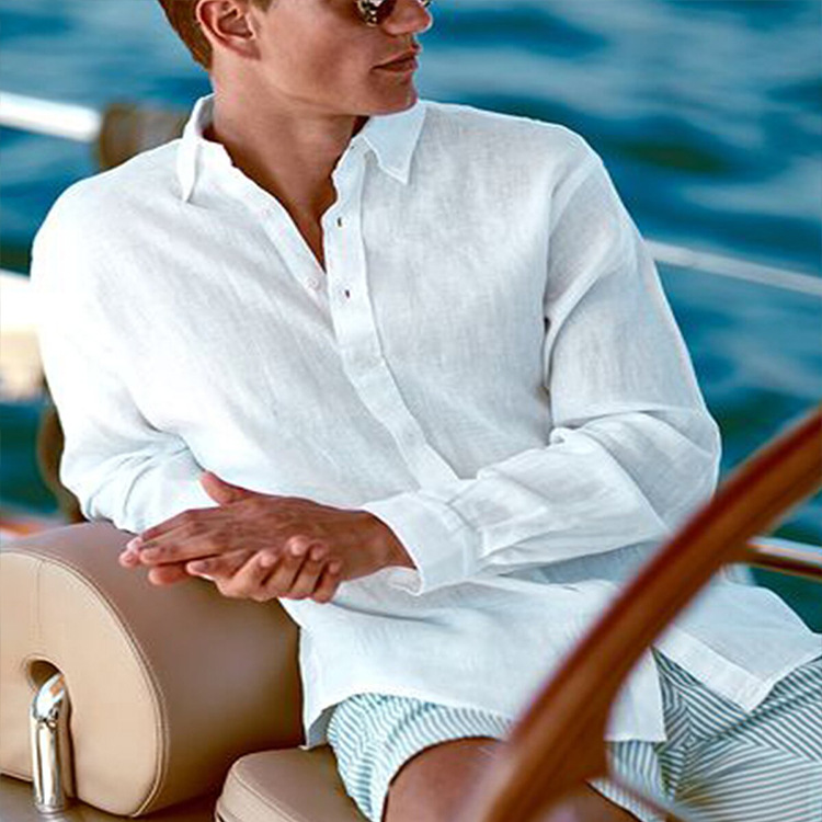 Cotton Linen Style American Casual Basic Versatile Linen Shirt
