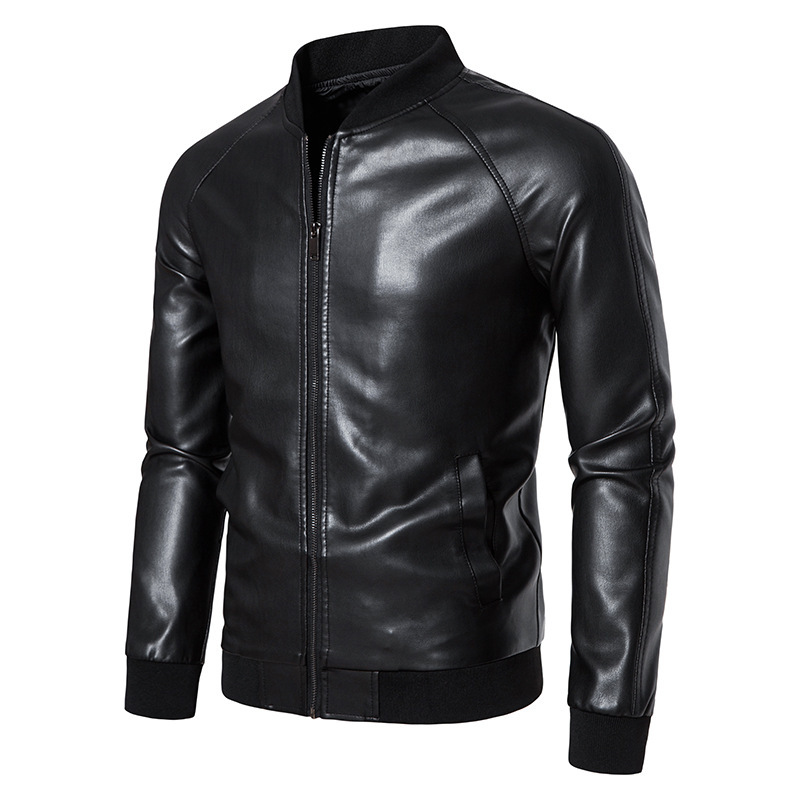 Men's Solid Color Stand Collar Leather Jacket