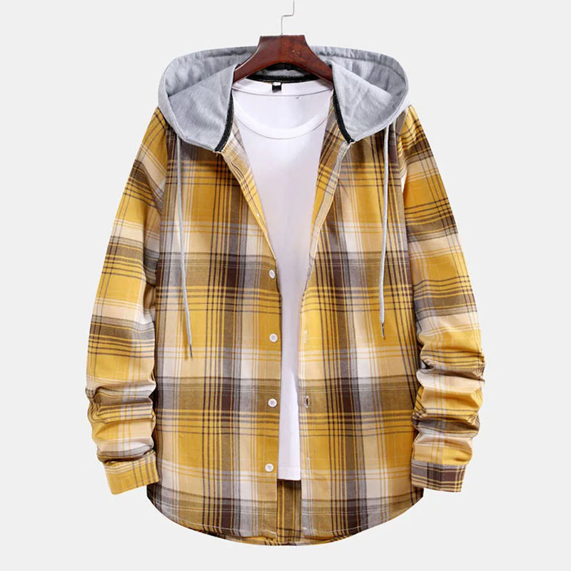 Curved Hem Contrast Hooded Plaid Shirts
