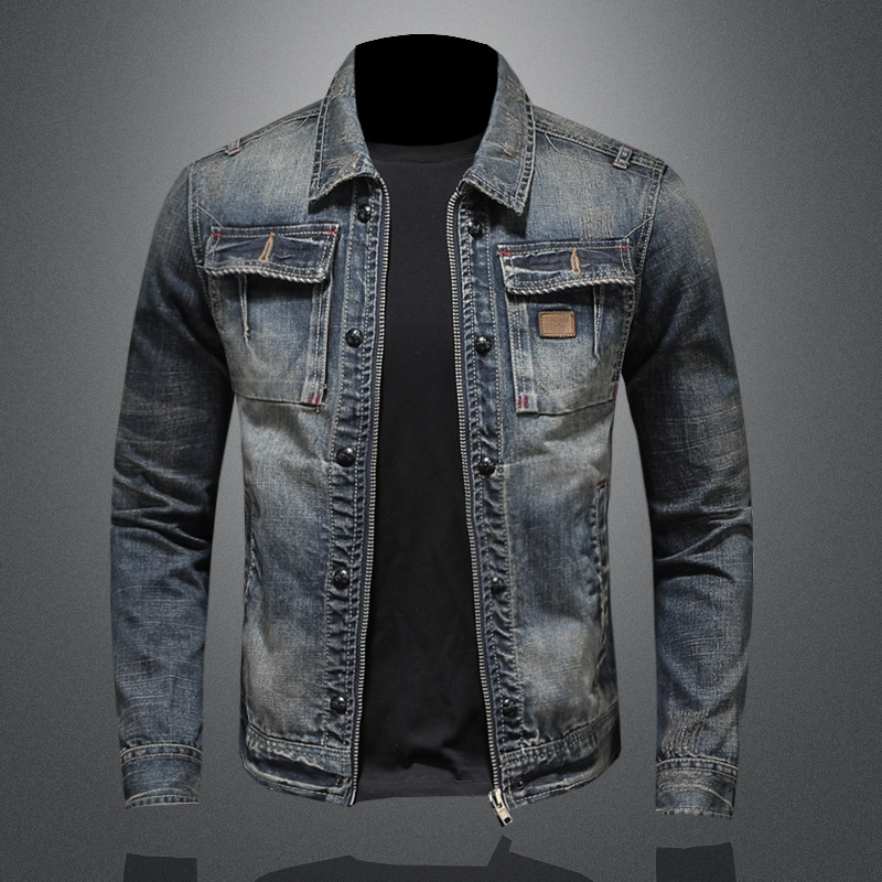 Men's retro button zipper motorcycle denim jacket