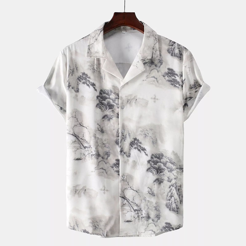Revere Collar Landscape Painting Print Shirt