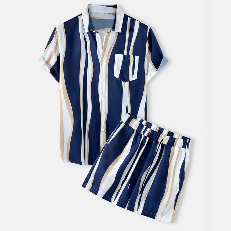 Men's Striped Lapel Shirt Shorts Two-Piece Set