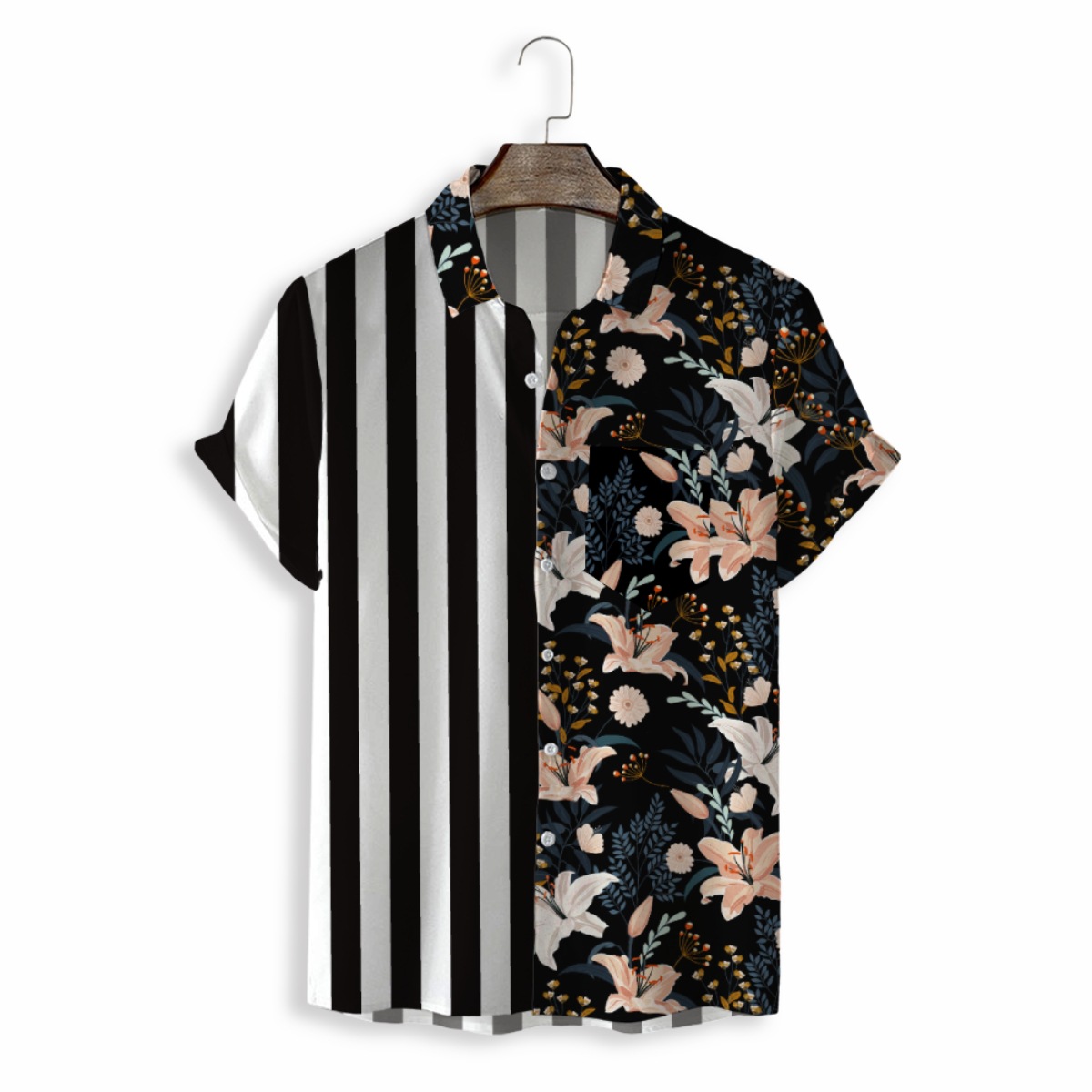Men's Botanical Floral Print Striped Shirt