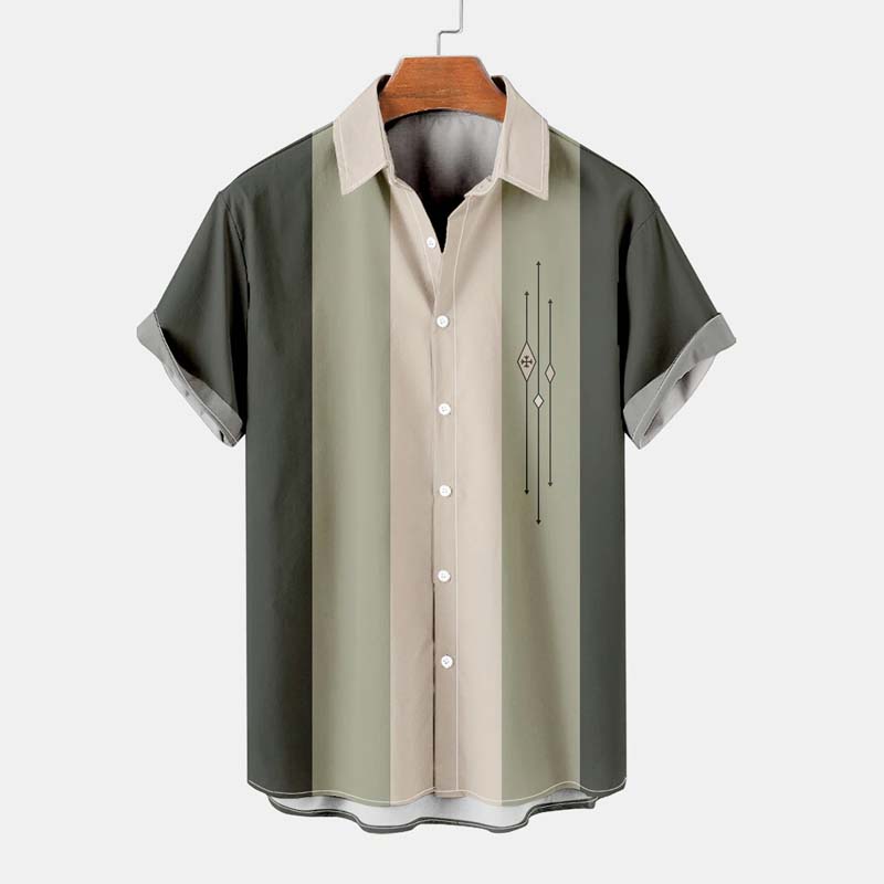 Mens Color-block Striped Casual Breathable Short Sleeve Bowling Shirt