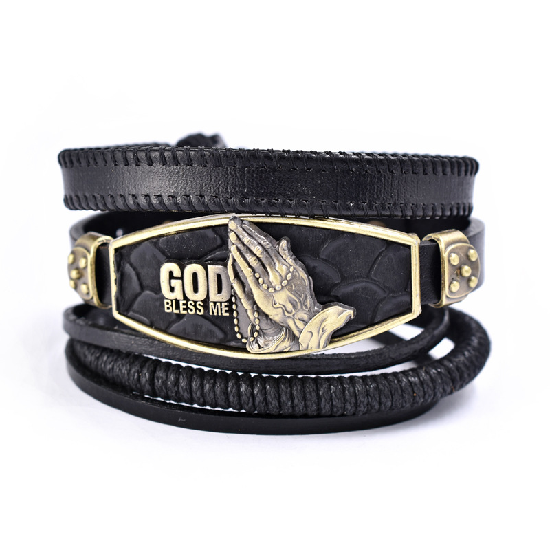 Vintage Zinc Alloy Prayer Leather Bracelet