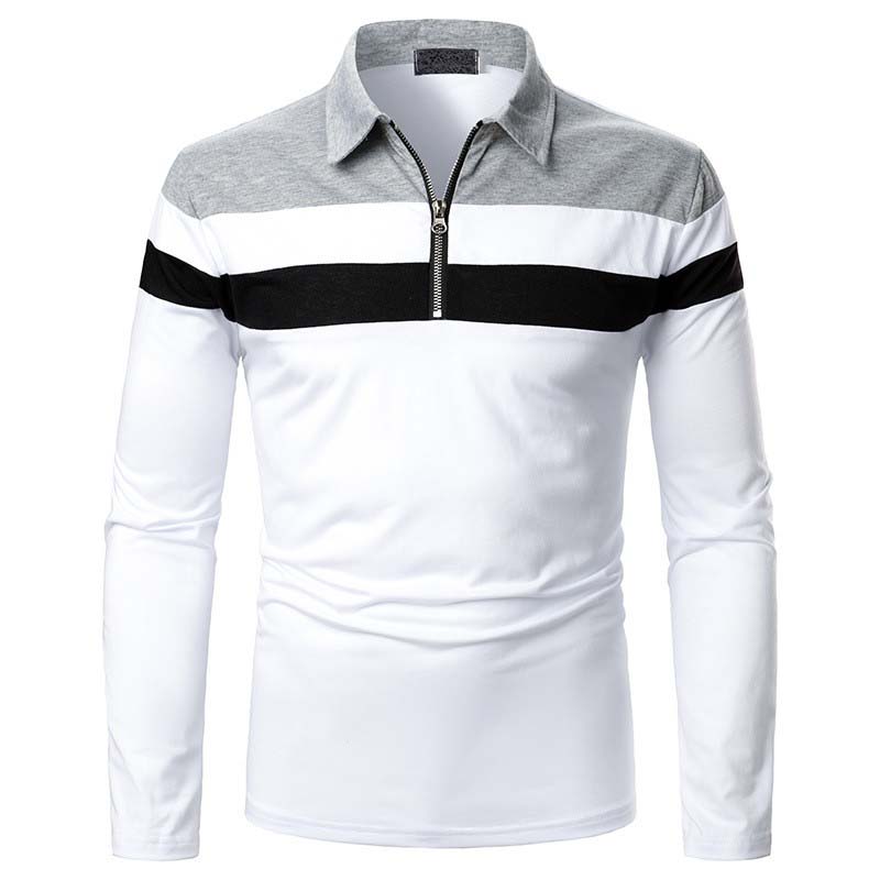 Men's Tricolor Colorblock Breathable Long-sleeve Polo Shirt