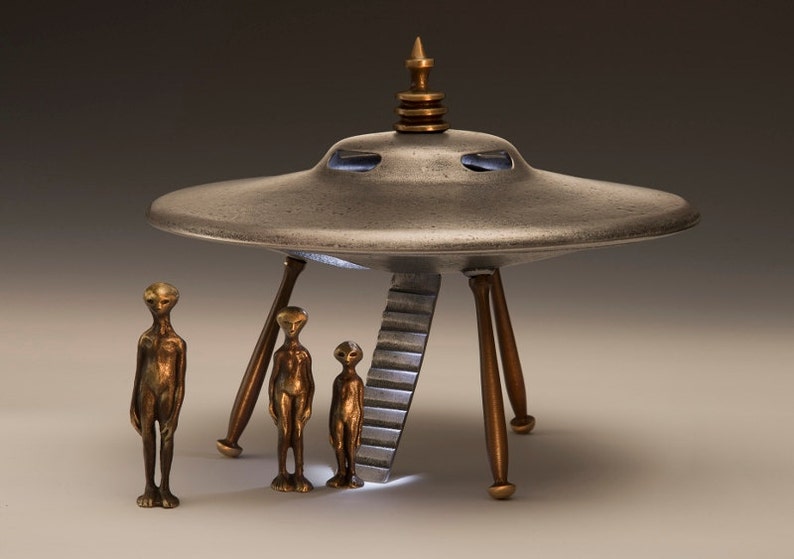 Flying Saucer Cast Bronze and Aluminum With Alien Figures  image 1