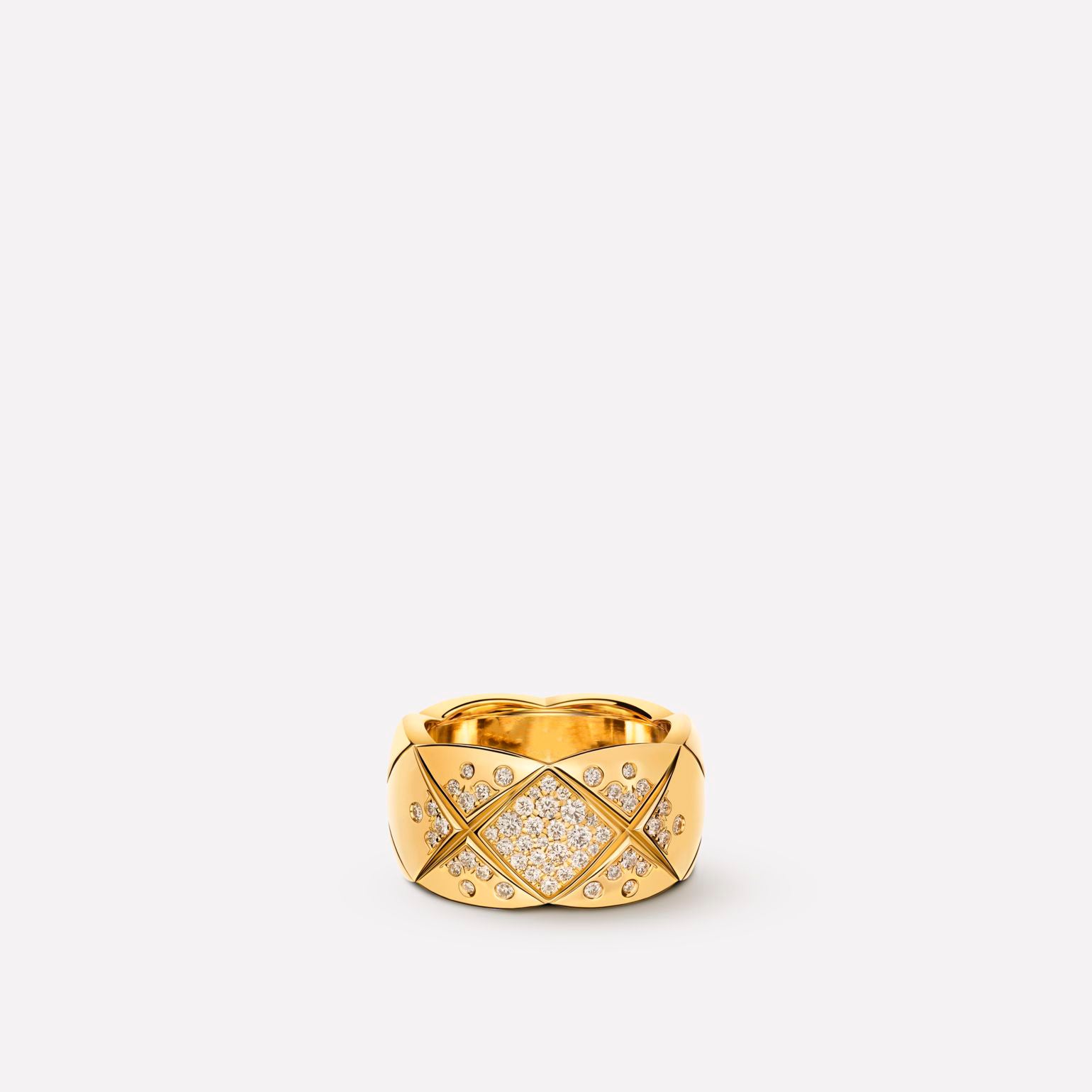 Coco Quilted Motif Ring with CZ, Large Version, Yellow Gold