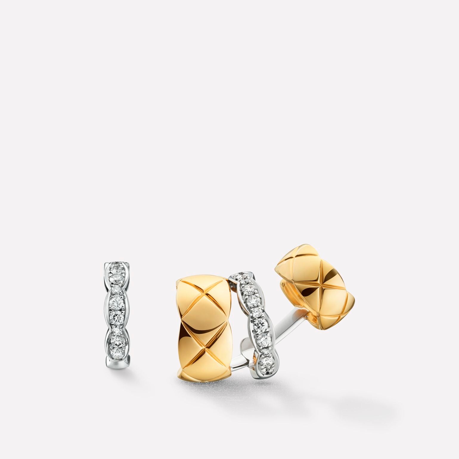 Coco Quilted Motif Earrings with CZ, White and Yellow Gold