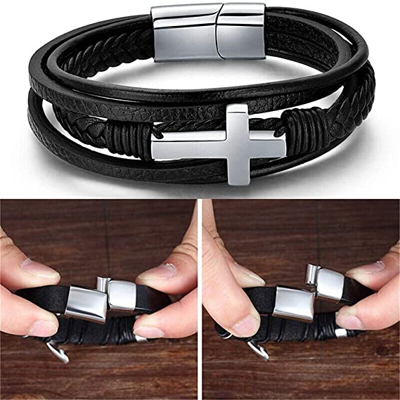 Men Hand-woven leather cross bracelet-BUNNYKACHU
