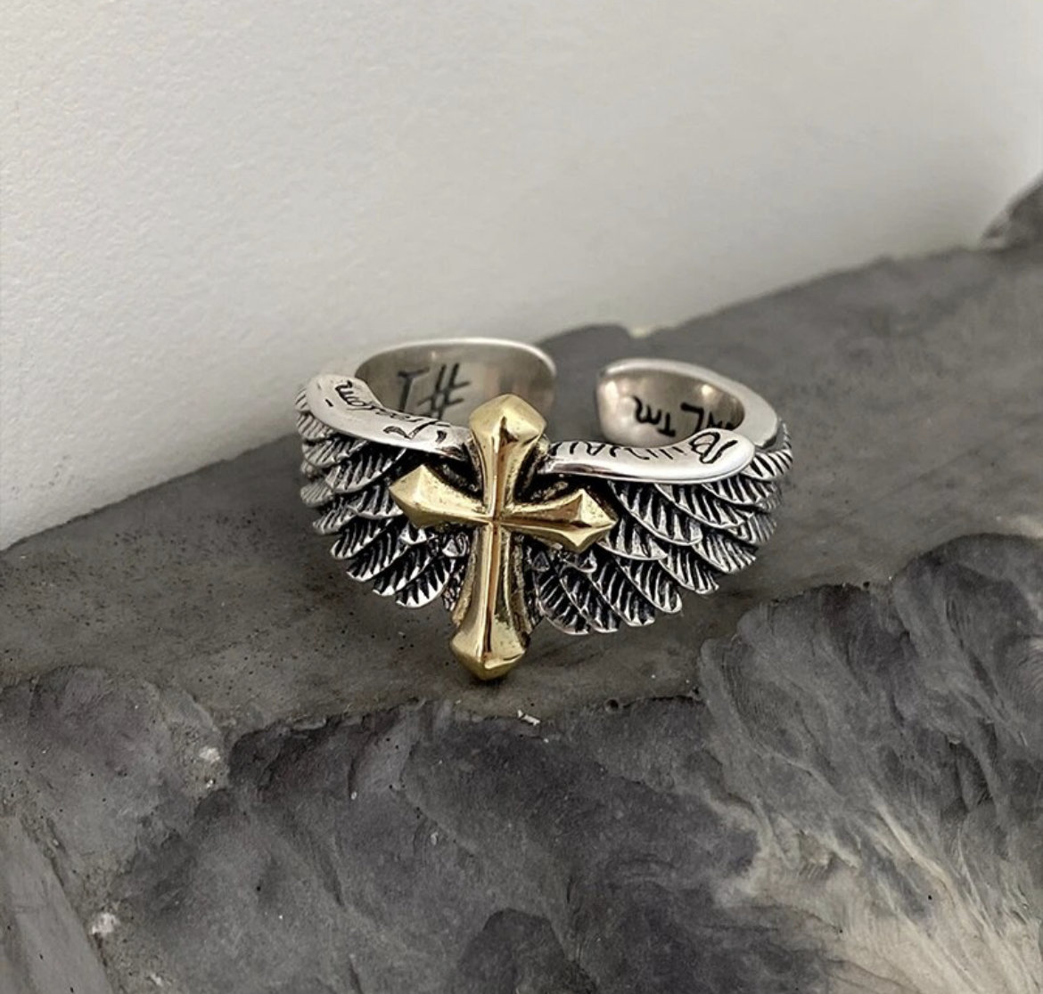 Vintage S925 Thai Silver Winged Cross Graffiti Letter Open Ring-BUNNYKACHU