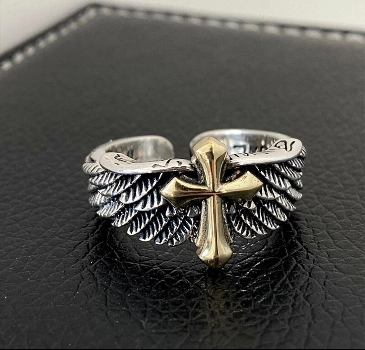 Vintage S925 Thai Silver Winged Cross Graffiti Letter Open Ring-BUNNYKACHU