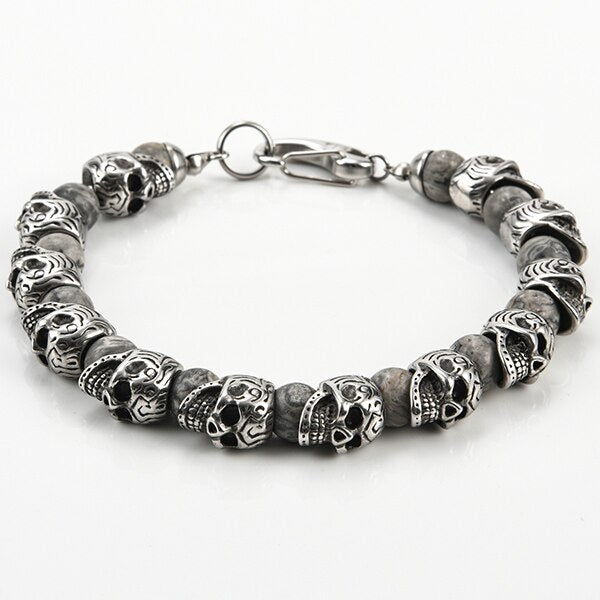 Mens Genuine Tiger Eye Gold Plated Stainless Steel Skull Beaded Bracelet-BUNNYKACHU