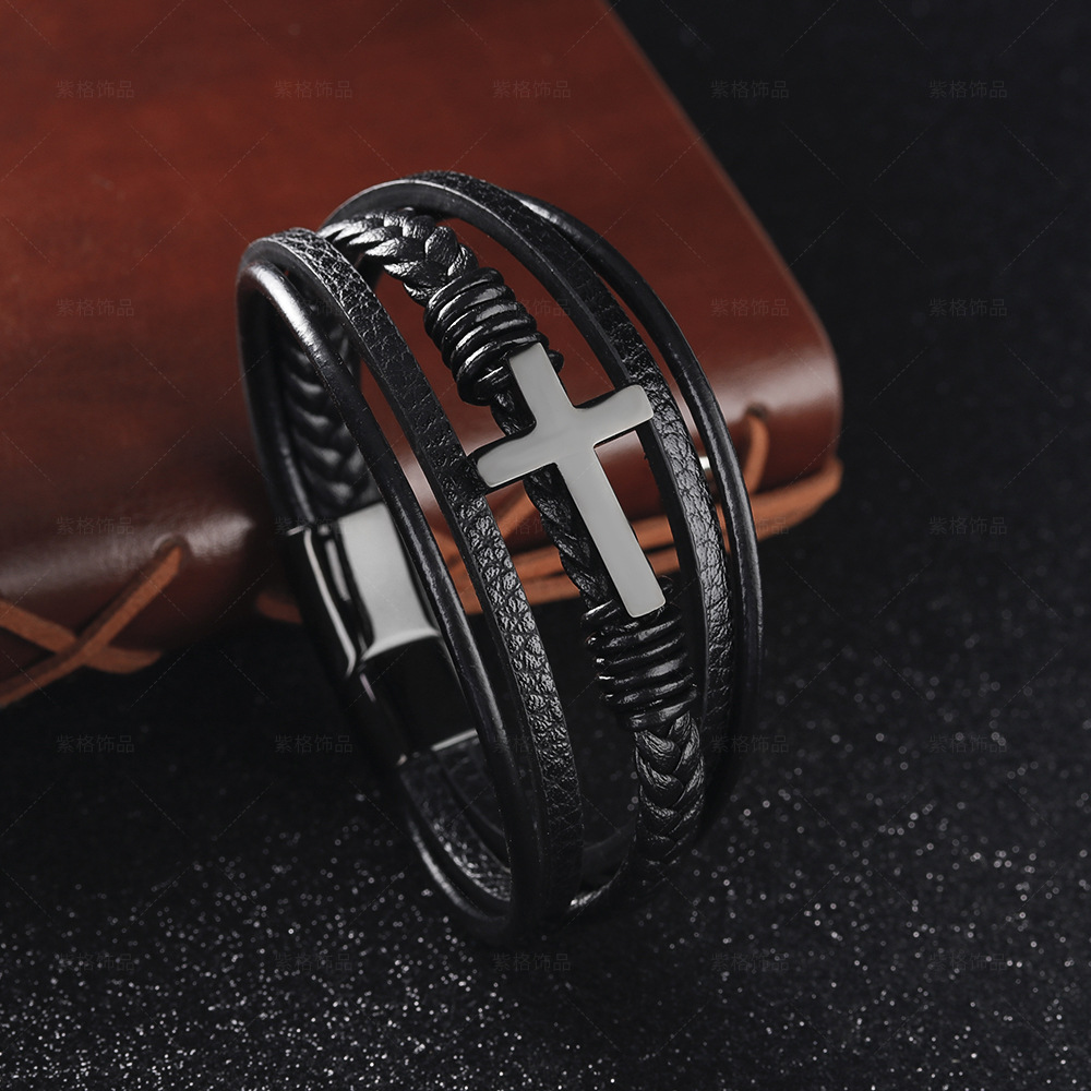 Men Hand-woven leather cross bracelet-BUNNYKACHU
