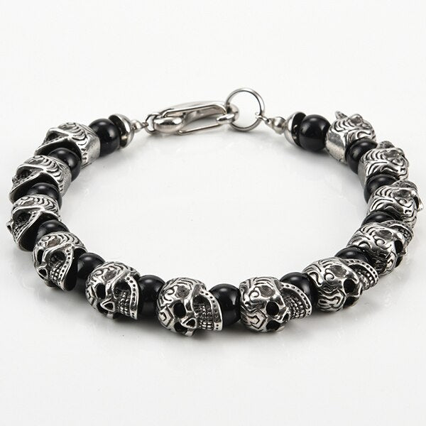 Mens Genuine Tiger Eye Gold Plated Stainless Steel Skull Beaded Bracelet-BUNNYKACHU