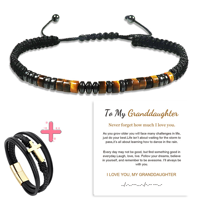 Give my grandson a prayer through it leather cross bracelet -BUNNYKACHU