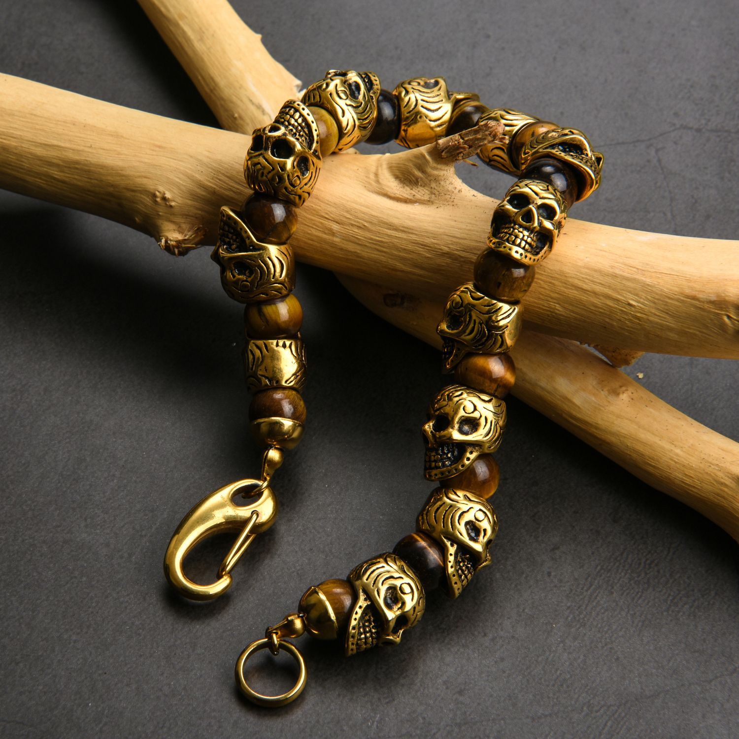 Mens Genuine Tiger Eye Gold Plated Stainless Steel Skull Beaded Bracelet-BUNNYKACHU