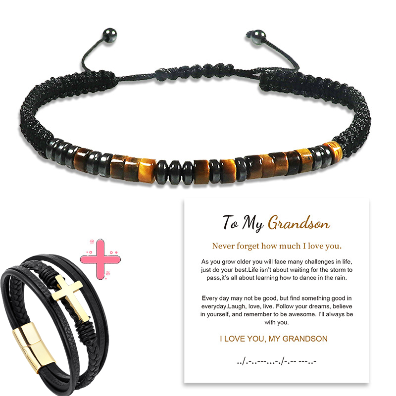 Give my grandson a prayer through it leather cross bracelet -BUNNYKACHU