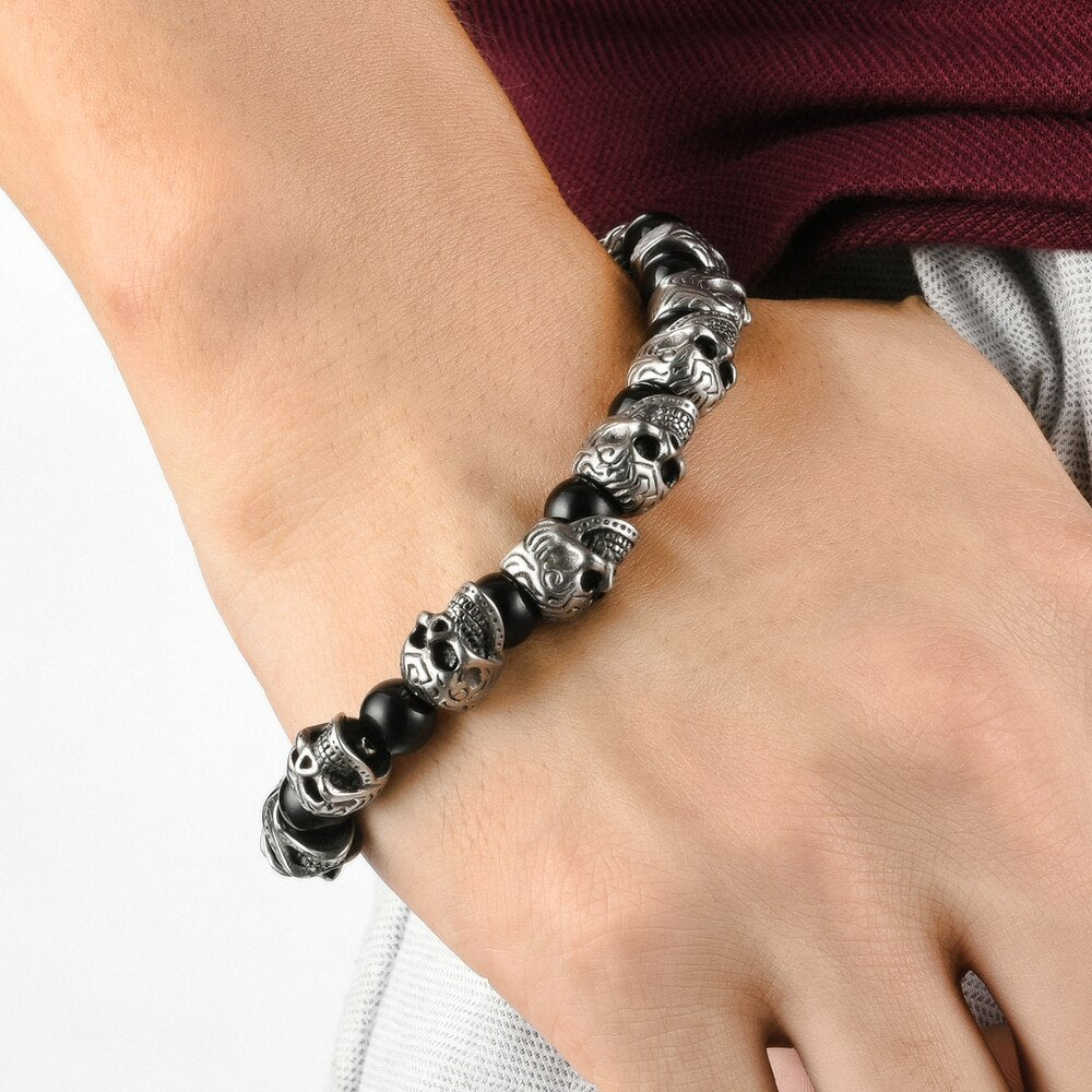 Mens Genuine Tiger Eye Gold Plated Stainless Steel Skull Beaded Bracelet-BUNNYKACHU