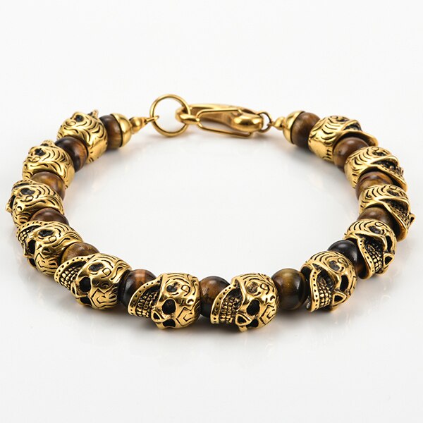 Mens Genuine Tiger Eye Gold Plated Stainless Steel Skull Beaded Bracelet-BUNNYKACHU