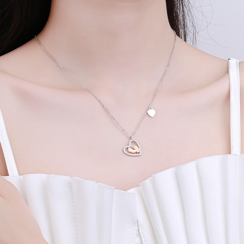 S925 heart shaped sterling silver baby footprint love necklace pendant collarbone necklace for women-BUNNYKACHU