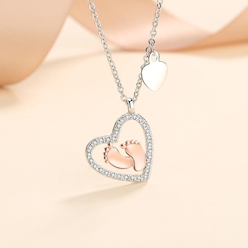 S925 heart shaped sterling silver baby footprint love necklace pendant collarbone necklace for women-BUNNYKACHU