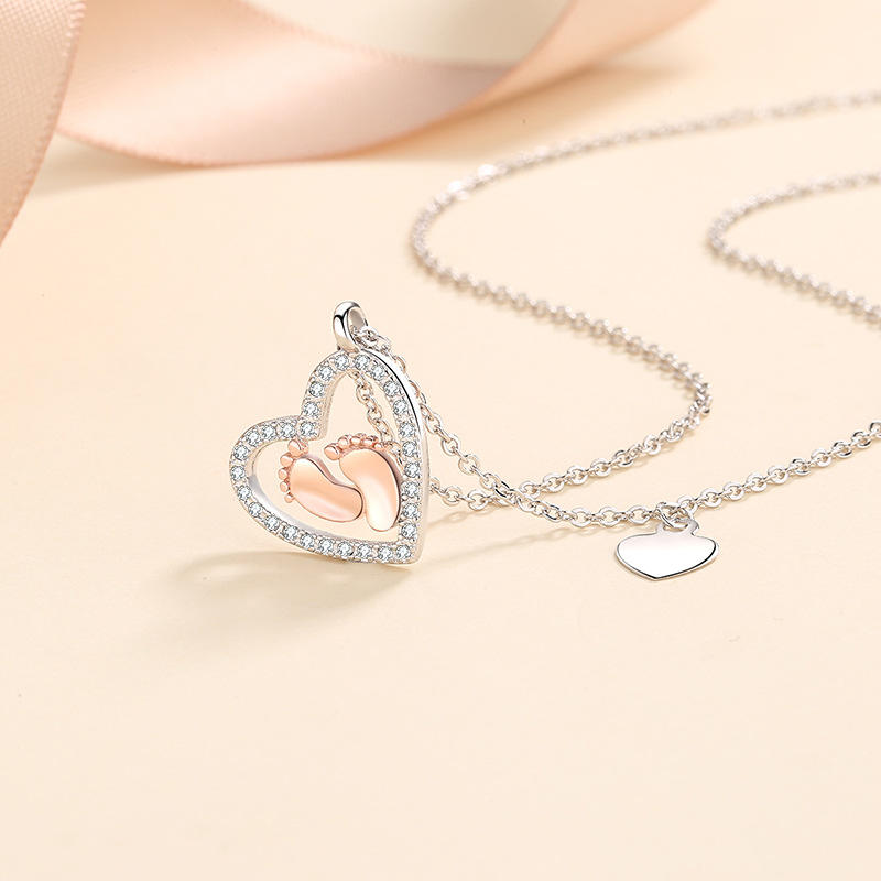 S925 heart shaped sterling silver baby footprint love necklace pendant collarbone necklace for women-BUNNYKACHU