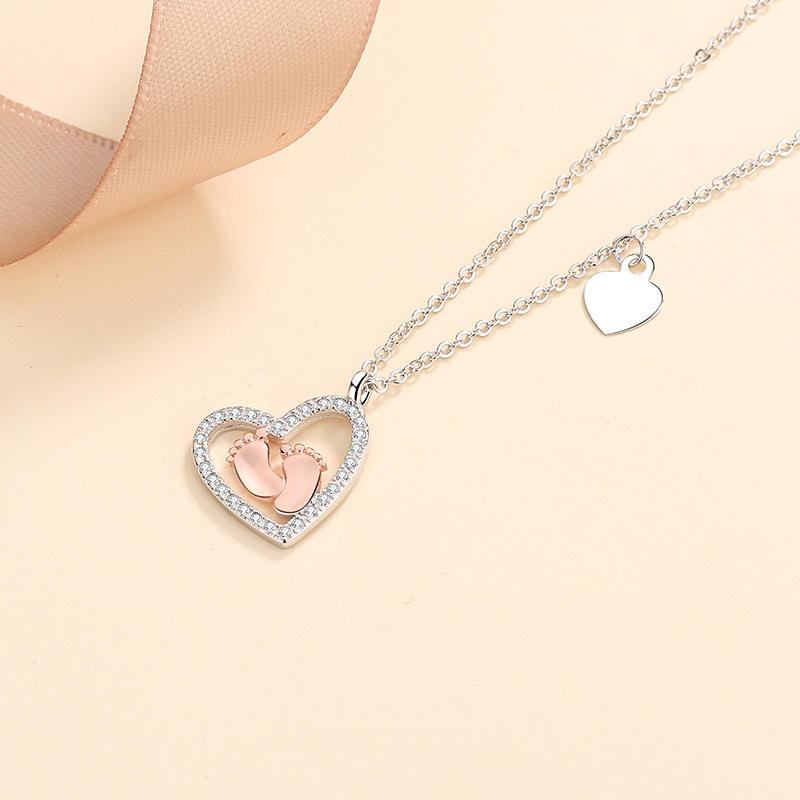 S925 heart shaped sterling silver baby footprint love necklace pendant collarbone necklace for women-BUNNYKACHU