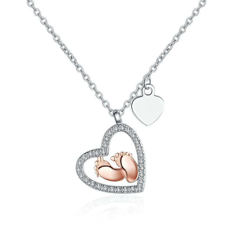 S925 heart shaped sterling silver baby footprint love necklace pendant collarbone necklace for women-BUNNYKACHU