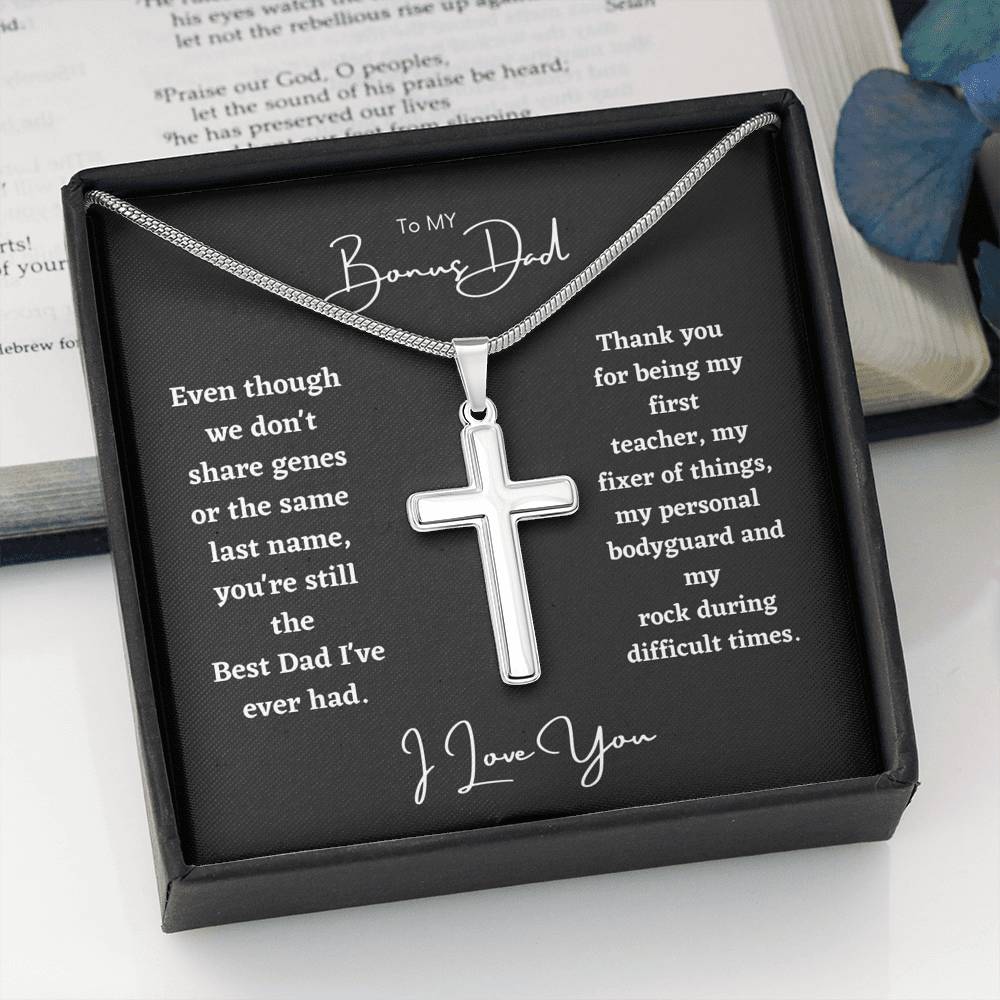 To My Bonus Dad, Thank You For Being My First Teacher - Personalized Cross Necklace-BUNNYKACHU