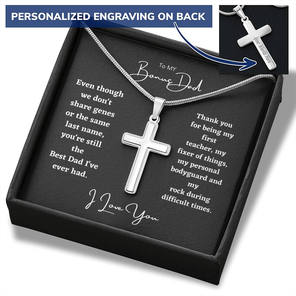 To My Bonus Dad, Thank You For Being My First Teacher - Personalized Cross Necklace-BUNNYKACHU