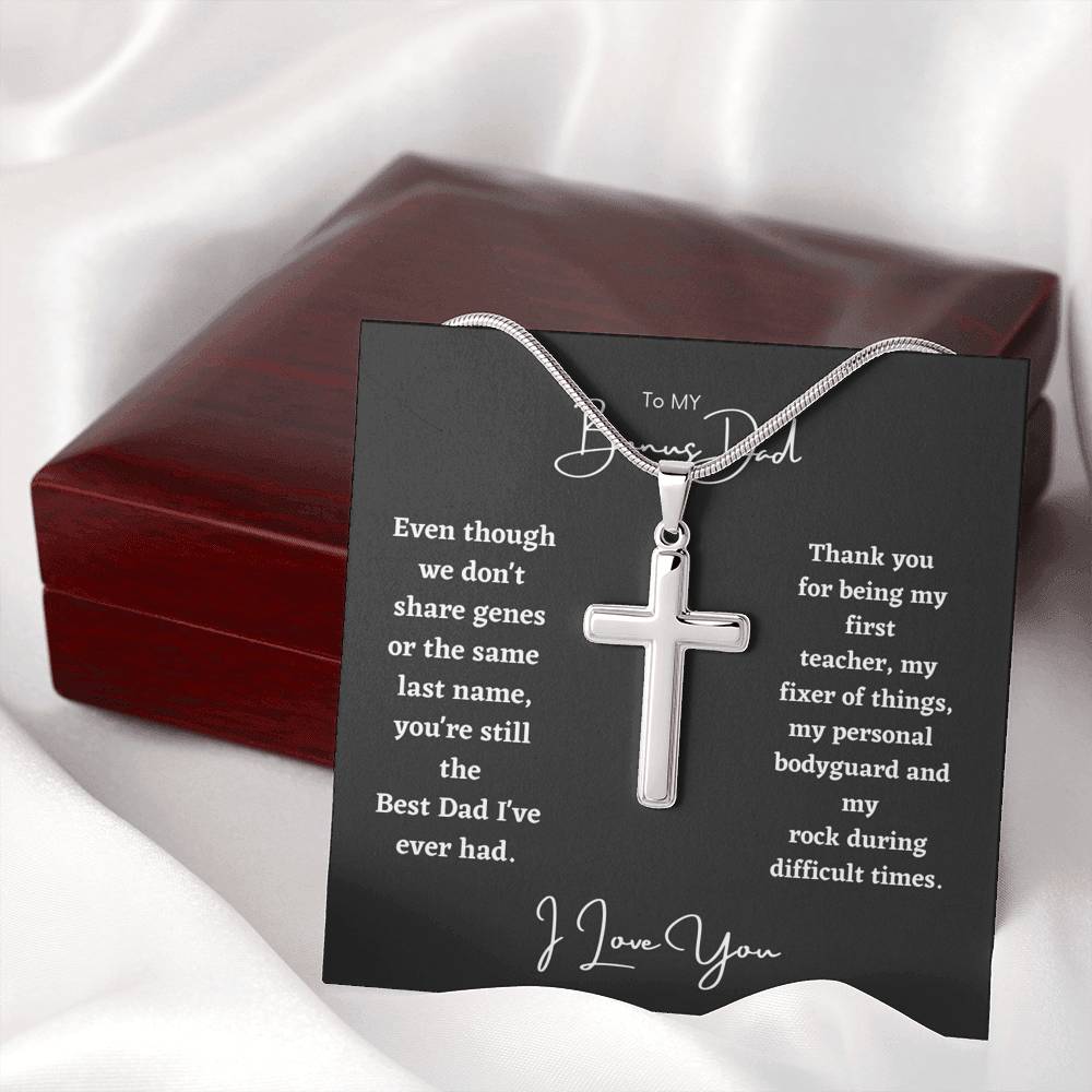 To My Bonus Dad, Thank You For Being My First Teacher - Personalized Cross Necklace-BUNNYKACHU