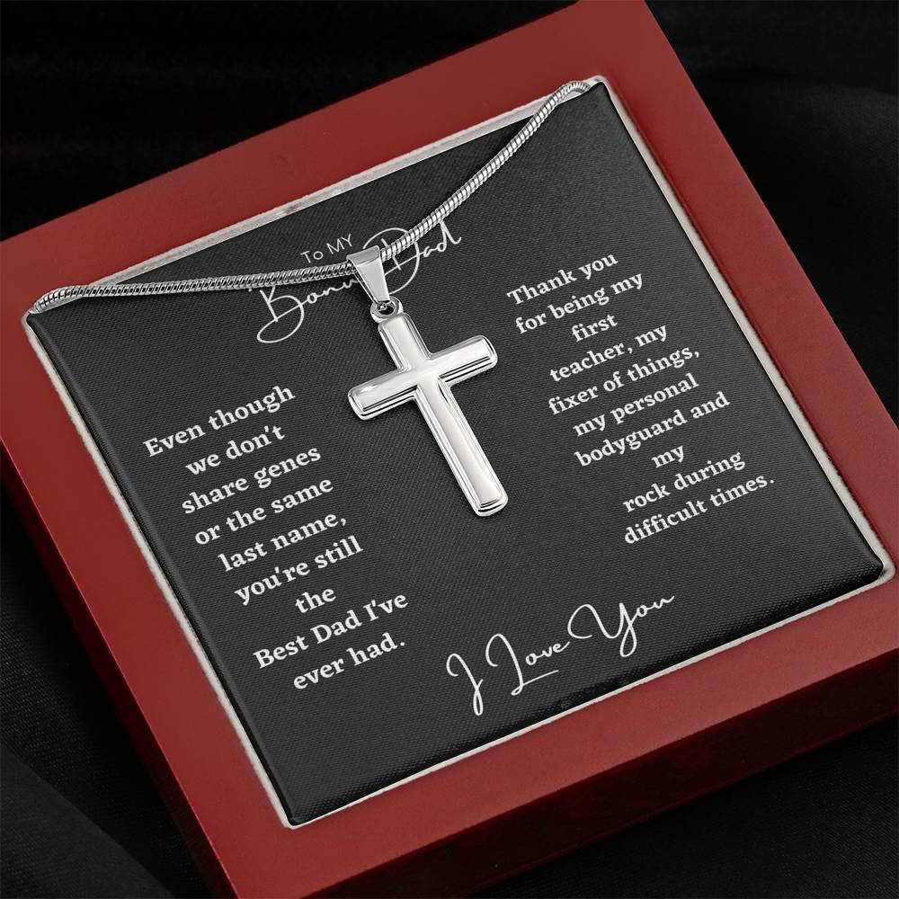 To My Bonus Dad, Thank You For Being My First Teacher - Personalized Cross Necklace-BUNNYKACHU