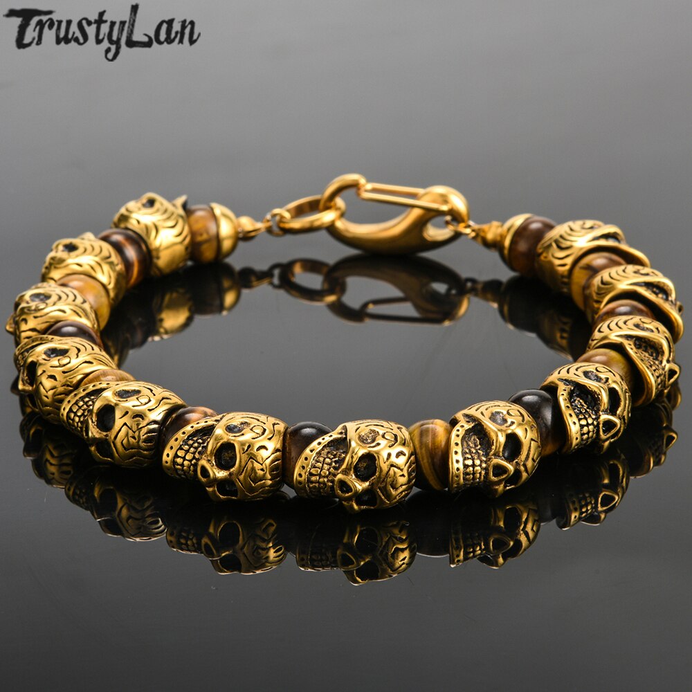 Mens Genuine Tiger Eye Gold Plated Stainless Steel Skull Beaded Bracelet-BUNNYKACHU
