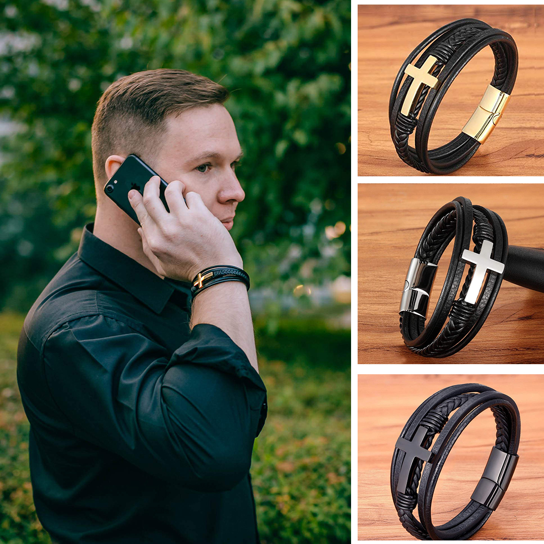 Men Hand-woven leather cross bracelet-BUNNYKACHU