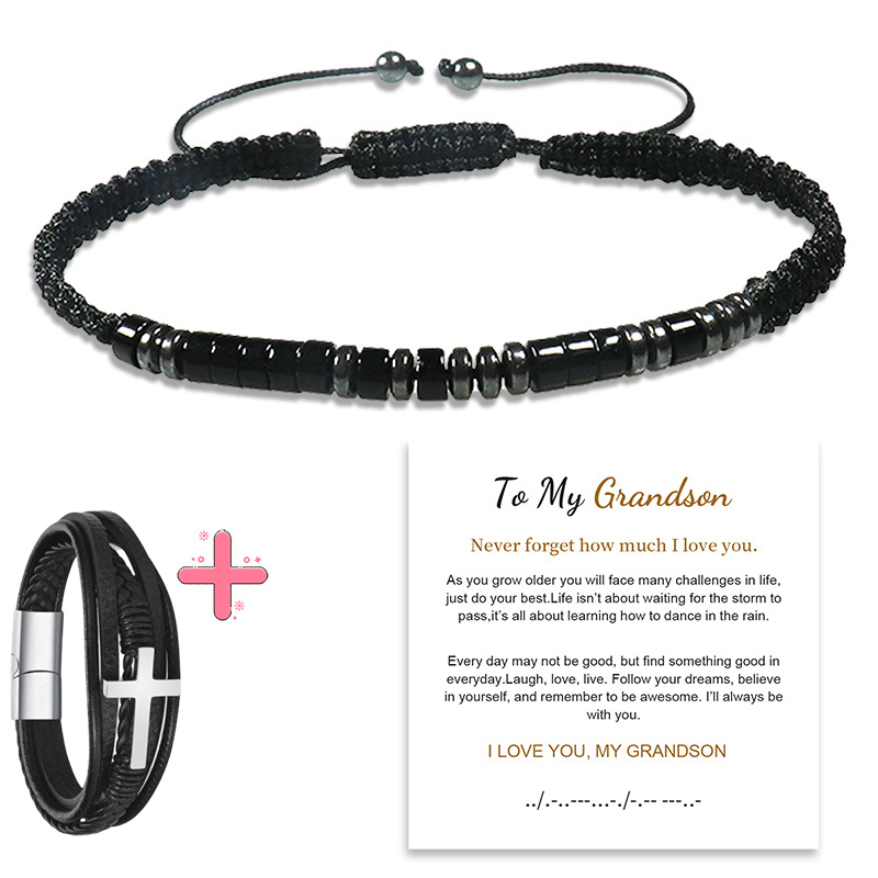 Give my grandson a prayer through it leather cross bracelet -BUNNYKACHU