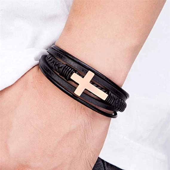 Men Hand-woven leather cross bracelet-BUNNYKACHU