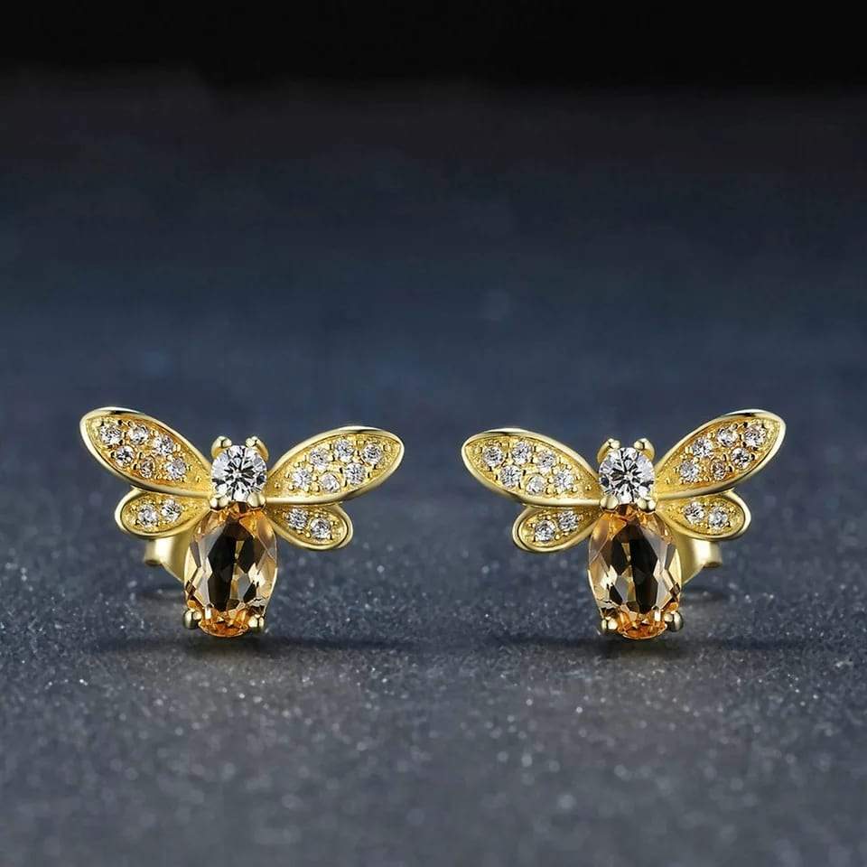 Sterling Silver Natural Citrine Bee Earrings-BUNNYKACHU