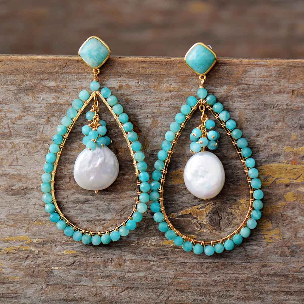Amazonite & Pearl Drop Earrings-BUNNYKACHU