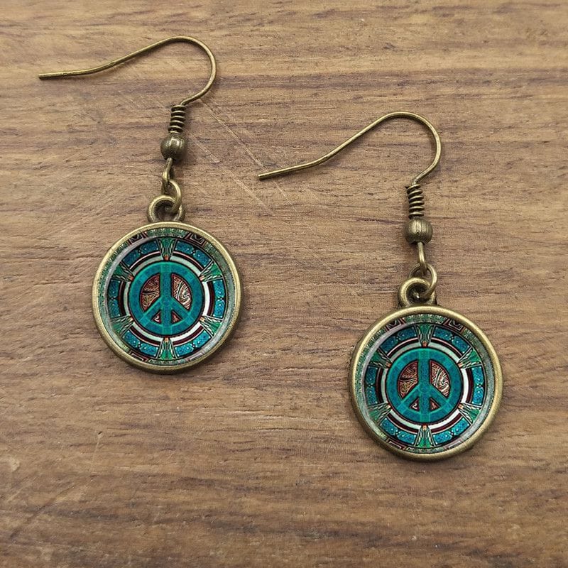 Hippie Peace Sign Dangle Earrings-BUNNYKACHU