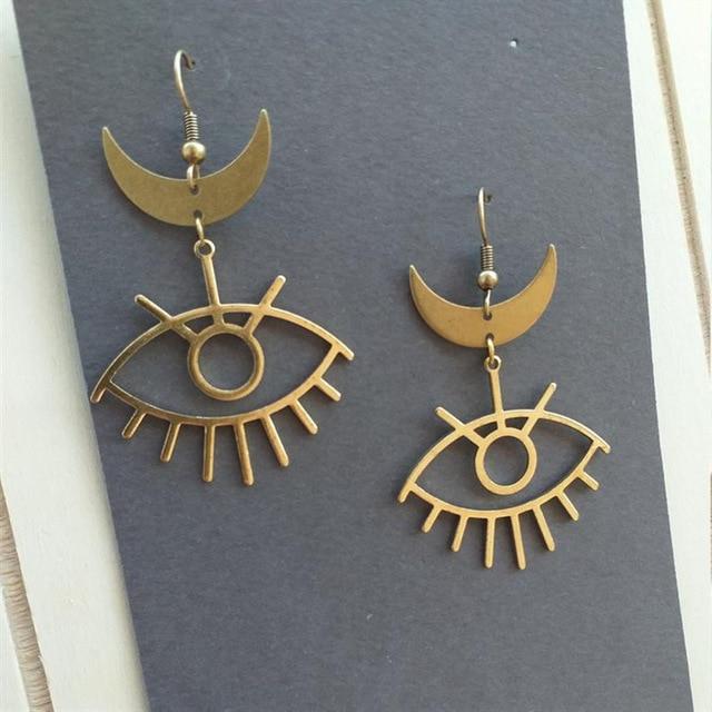 Moon & Evil Eye Drop Earrings-BUNNYKACHU