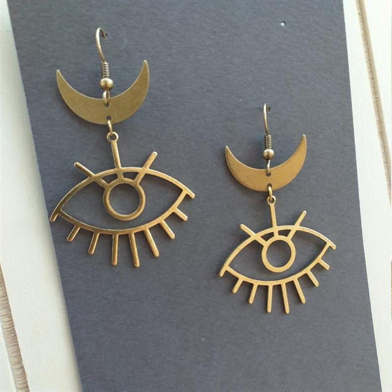 Moon & Evil Eye Drop Earrings-BUNNYKACHU