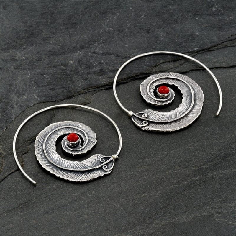 Spiral Feather Hoop Earrings - Red Coral/ Turquoise Stone-BUNNYKACHU